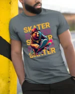 Cool Skater Bear Graphic T-Shirt Urban Streetwear Tee - model in grey shirt leaning against column