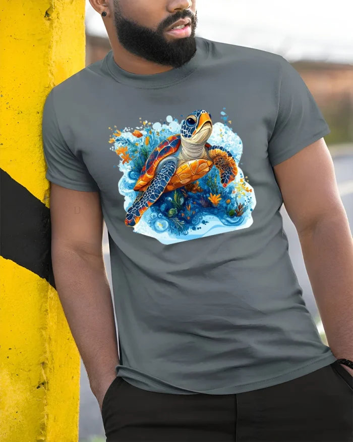 Aquatic Turtle T-Shirt Ocean Wildlife Nature Graphic - model in grey shirt leaning against column