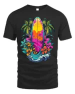 Tropical Surfboard T-Shirt Vibrant Beach Vibes Tee - black t-shirt on white background