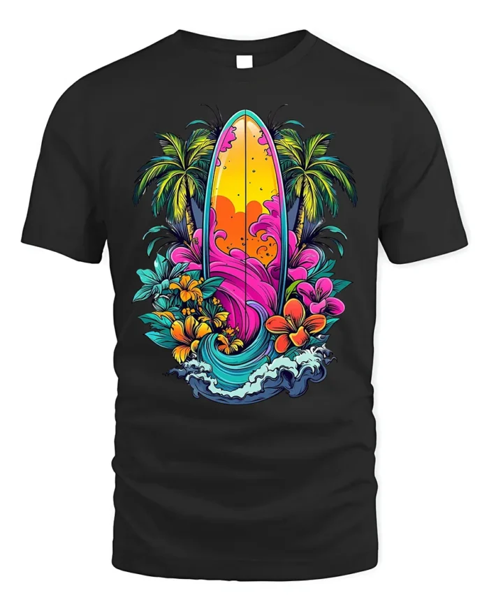 Tropical Surfboard T-Shirt Vibrant Beach Vibes Tee - black t-shirt on white background