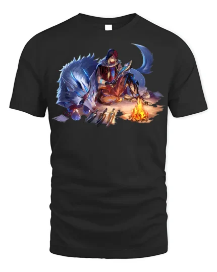 Fantasy Wolf Warrior T-Shirt Tribal Campfire Graphic Tee - black t-shirt on white background