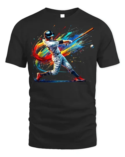 Colorful Baseball Swing T-Shirt Athletic Sports Tee - black t-shirt on white background