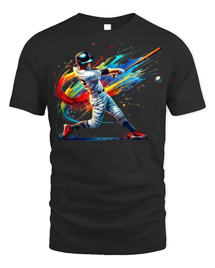 Colorful Baseball Swing T-Shirt Athletic Sports Tee - black t-shirt on white background