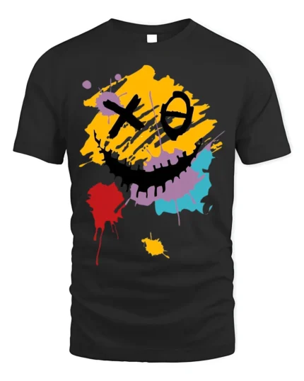 Abstract Smiley Face T-Shirt Color Splash Streetwear Tee - black t-shirt on white background