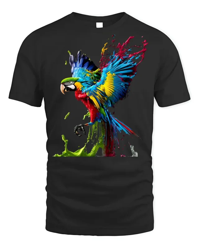 Color Splash Parrot T-Shirt Artistic Tropical Bird Tee - black t-shirt on white background