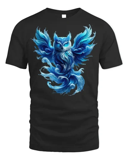 Mystical Blue Owl T-Shirt Fantasy Animal Graphic Tee - black t-shirt on white background
