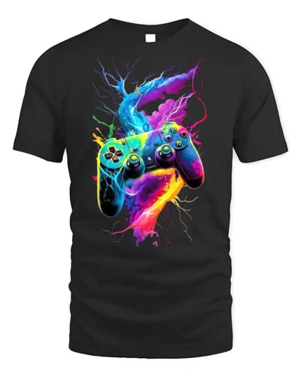 Electric Gamer T-Shirt Neon Controller Power Tee - black t-shirt on white background