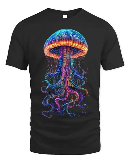 Neon Jellyfish T-Shirt Deep Sea Glow Graphic Tee - black t-shirt on white background