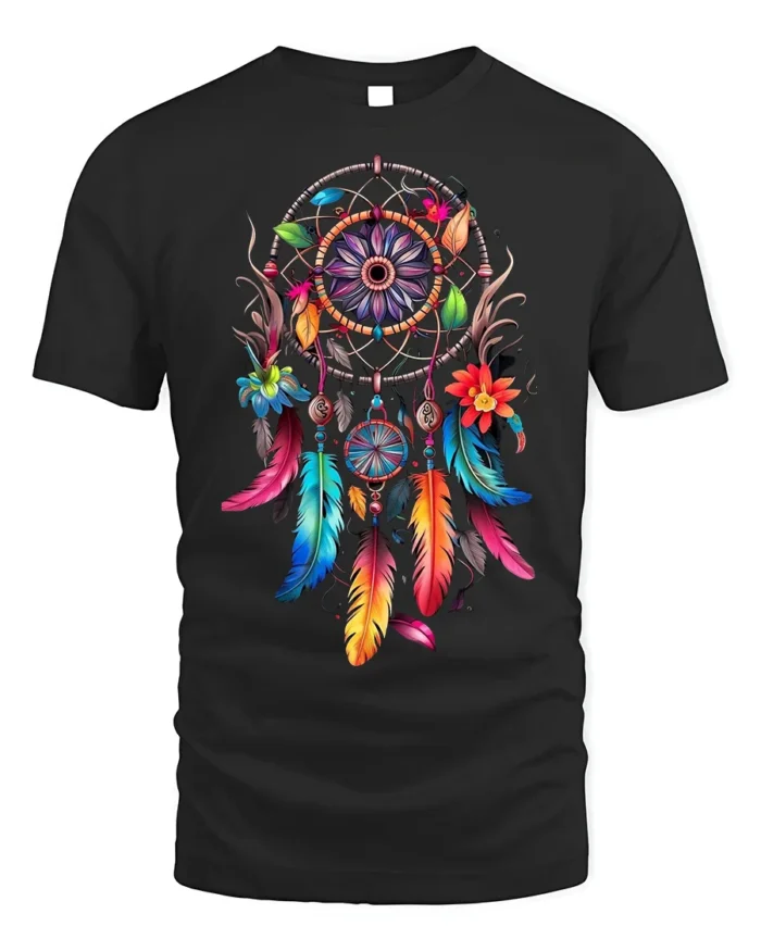 Boho Dreamcatcher T-Shirt Vibrant Native-Inspired Tee - black t-shirt on white background