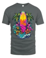 Tropical Surfboard T-Shirt Vibrant Beach Vibes Tee - gray t-shirt on white background