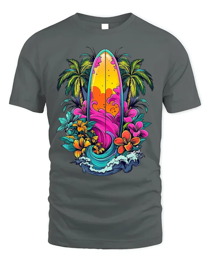 Tropical Surfboard T-Shirt Vibrant Beach Vibes Tee - gray t-shirt on white background