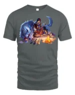 Fantasy Wolf Warrior T-Shirt Tribal Campfire Graphic Tee - gray t-shirt on white background