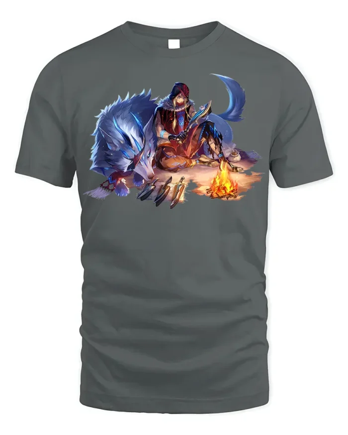 Fantasy Wolf Warrior T-Shirt Tribal Campfire Graphic Tee - gray t-shirt on white background
