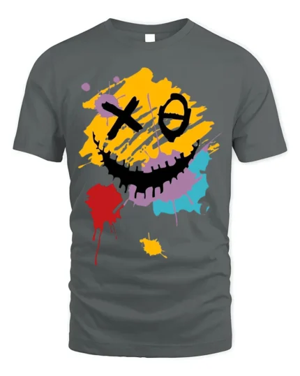 Abstract Smiley Face T-Shirt Color Splash Streetwear Tee - gray t-shirt on white background