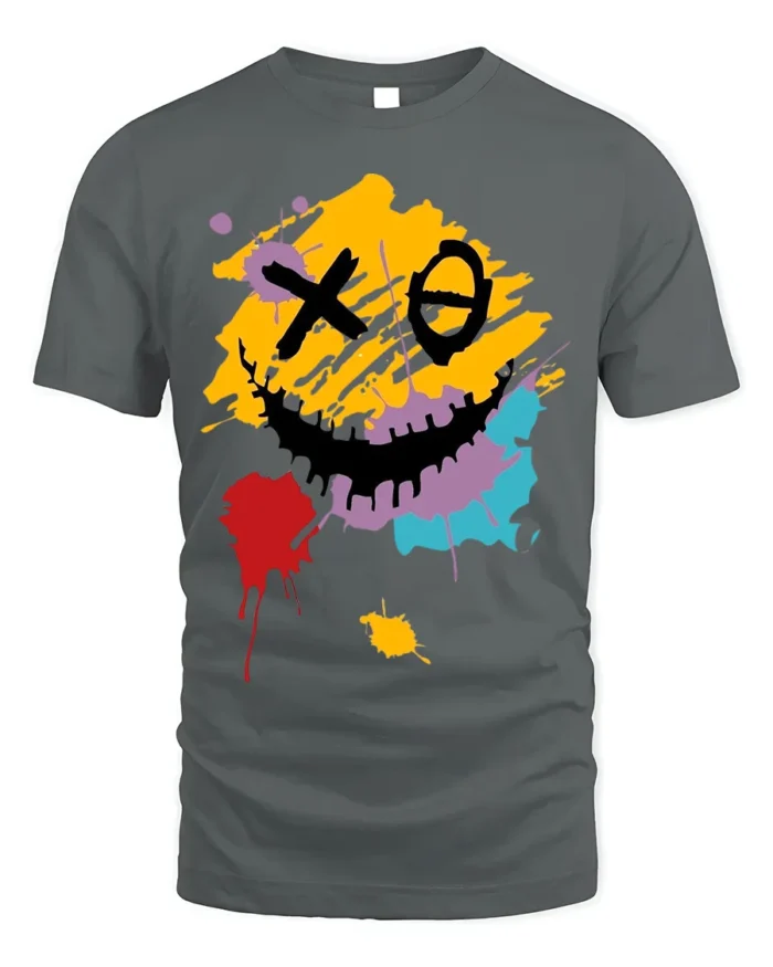 Abstract Smiley Face T-Shirt Color Splash Streetwear Tee - gray t-shirt on white background