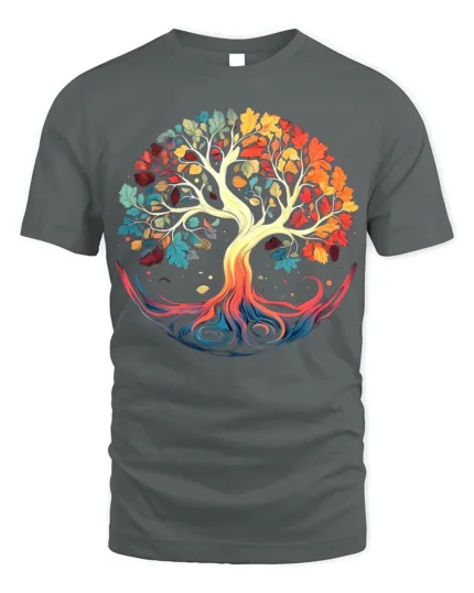 Colorful Tree of Life T-Shirt Vibrant Nature Graphic Tee - gray t-shirt on white background