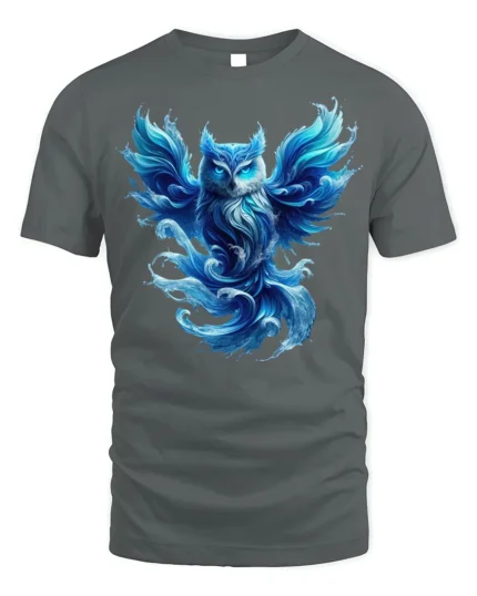Mystical Blue Owl T-Shirt Fantasy Animal Graphic Tee - gray t-shirt on white background