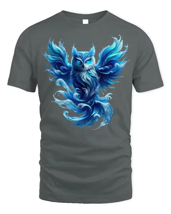 Mystical Blue Owl T-Shirt Fantasy Animal Graphic Tee - gray t-shirt on white background