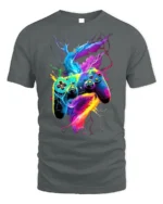 Electric Gamer T-Shirt Neon Controller Power Tee - gray t-shirt on white background