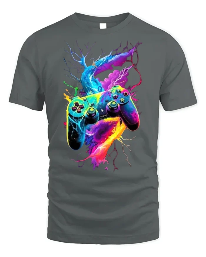 Electric Gamer T-Shirt Neon Controller Power Tee - gray t-shirt on white background