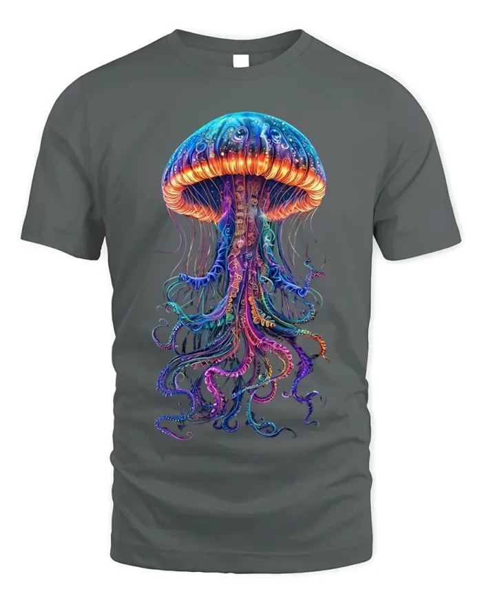 Neon Jellyfish T-Shirt Deep Sea Glow Graphic Tee - gray t-shirt on white background
