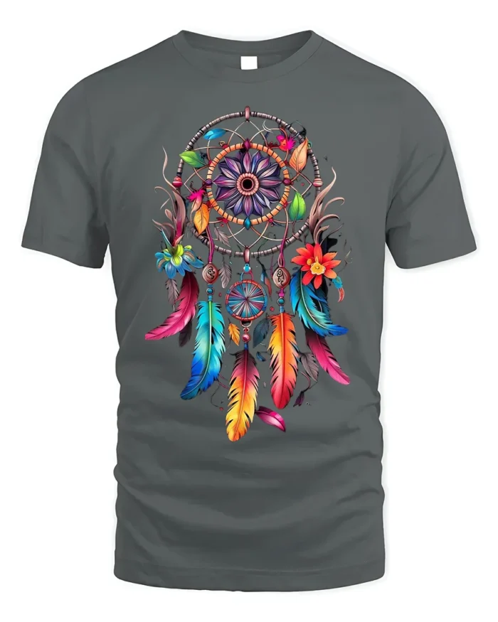 Boho Dreamcatcher T-Shirt Vibrant Native-Inspired Tee - gray t-shirt on white background