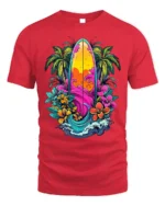 Tropical Surfboard T-Shirt Vibrant Beach Vibes Tee - red t-shirt on white background