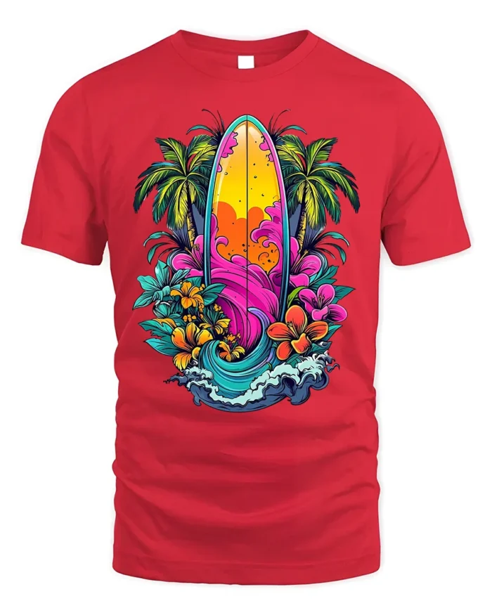 Tropical Surfboard T-Shirt Vibrant Beach Vibes Tee - red t-shirt on white background