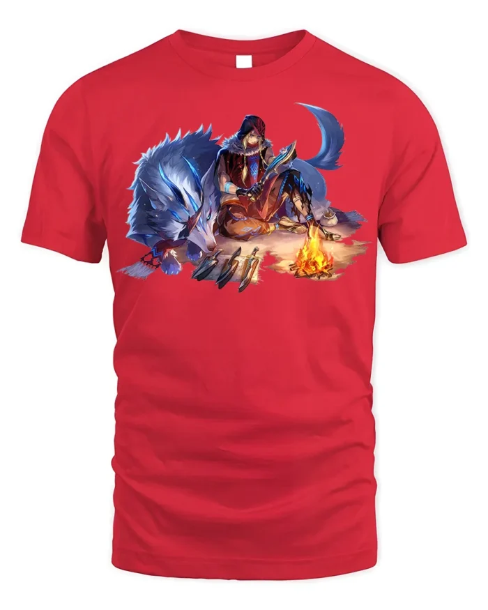 Fantasy Wolf Warrior T-Shirt Tribal Campfire Graphic Tee - red t-shirt on white background