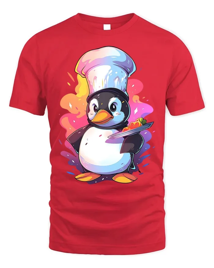 Cute Chef Penguin T-Shirt Funny Cooking Graphic Tee - red t-shirt on white background