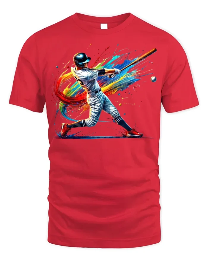 Colorful Baseball Swing T-Shirt Athletic Sports Tee - red t-shirt on white background
