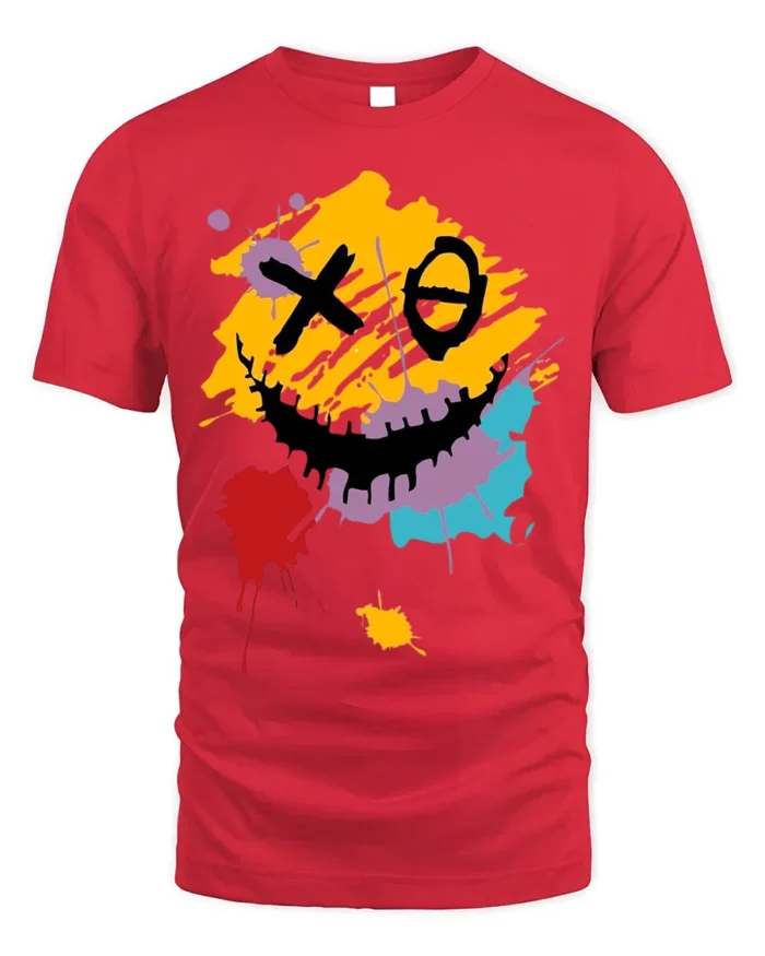Abstract Smiley Face T-Shirt Color Splash Streetwear Tee - red t-shirt on white background