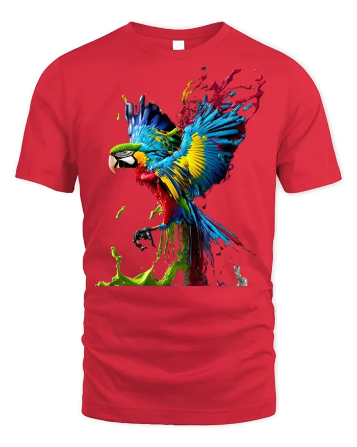 Color Splash Parrot T-Shirt Artistic Tropical Bird Tee - red t-shirt on white background