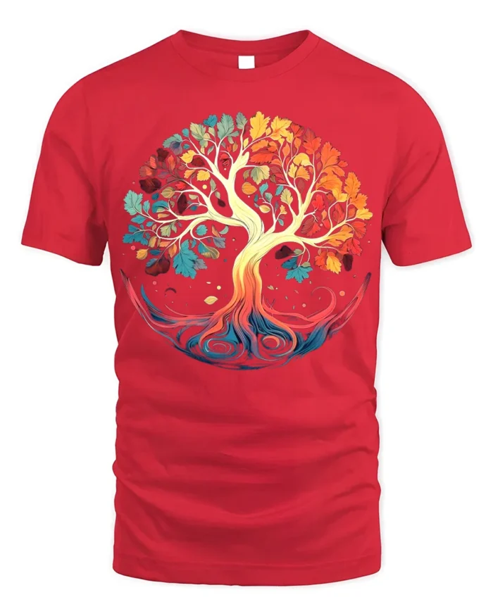 Colorful Tree of Life T-Shirt Vibrant Nature Graphic Tee - red t-shirt on white background