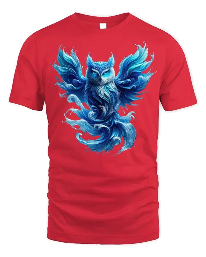 Mystical Blue Owl T-Shirt Fantasy Animal Graphic Tee - red t-shirt on white background