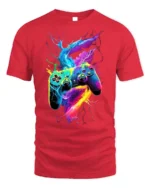 Electric Gamer T-Shirt Neon Controller Power Tee - red t-shirt on white background