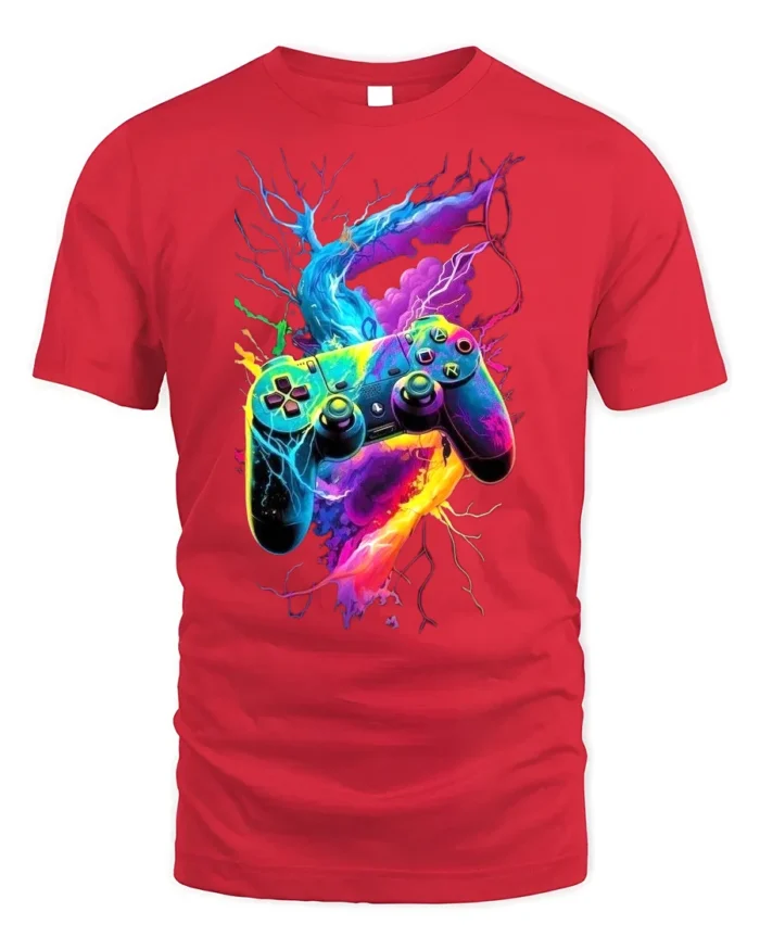 Electric Gamer T-Shirt Neon Controller Power Tee - red t-shirt on white background