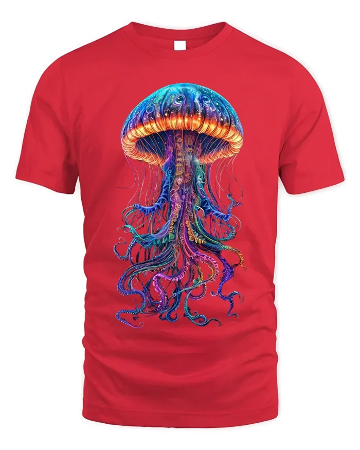 Neon Jellyfish T-Shirt Deep Sea Glow Graphic Tee - red t-shirt on white background