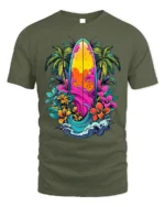 Tropical Surfboard T-Shirt Vibrant Beach Vibes Tee - military green t-shirt on white background