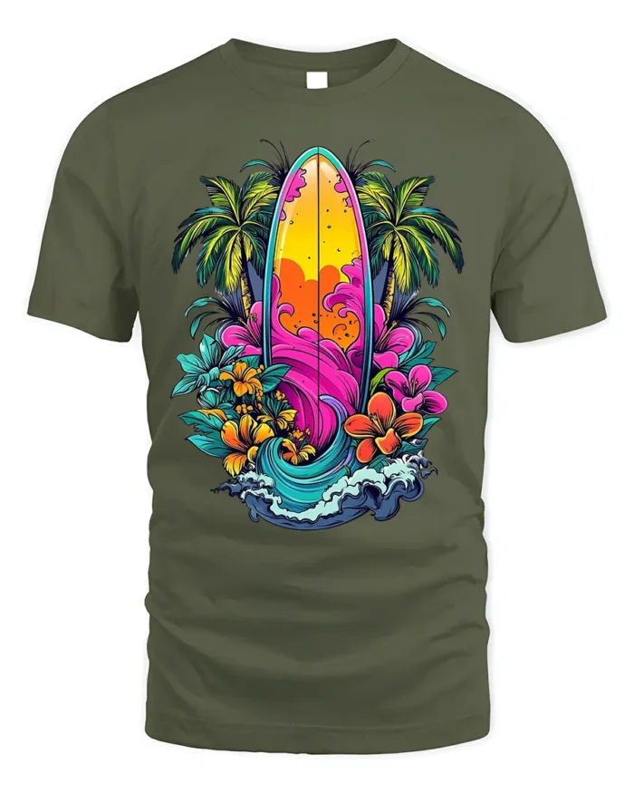 Tropical Surfboard T-Shirt Vibrant Beach Vibes Tee - military green t-shirt on white background