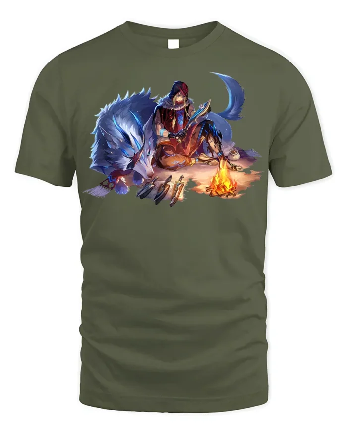 Fantasy Wolf Warrior T-Shirt Tribal Campfire Graphic Tee - military green t-shirt on white background