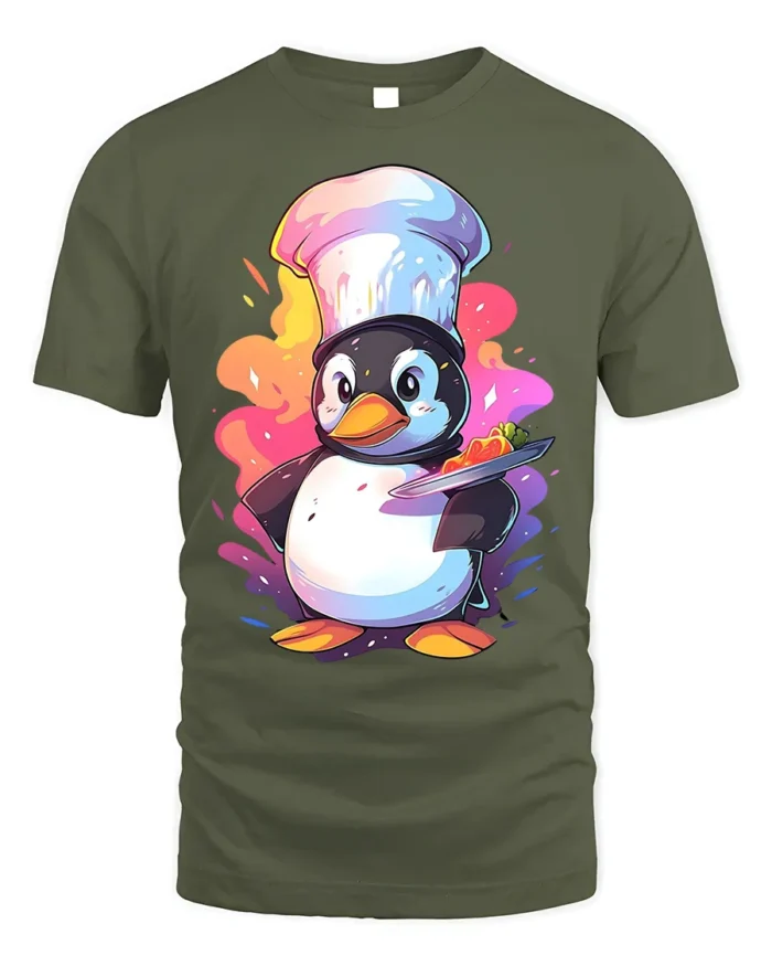 Cute Chef Penguin T-Shirt Funny Cooking Graphic Tee - military green t-shirt on white background