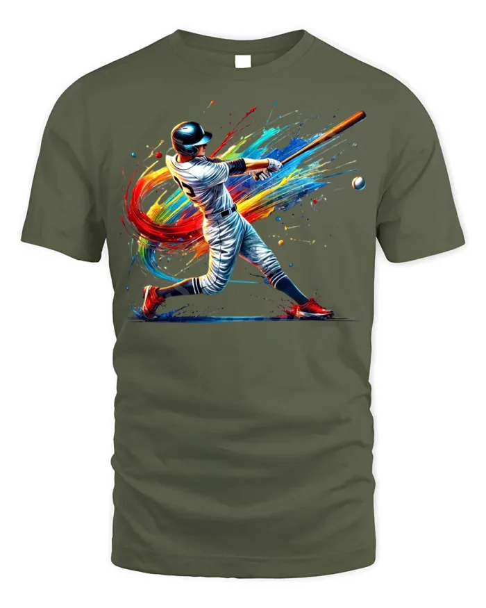 Colorful Baseball Swing T-Shirt Athletic Sports Tee - military green t-shirt on white background