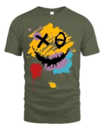 Abstract Smiley Face T-Shirt Color Splash Streetwear Tee - military green t-shirt on white background