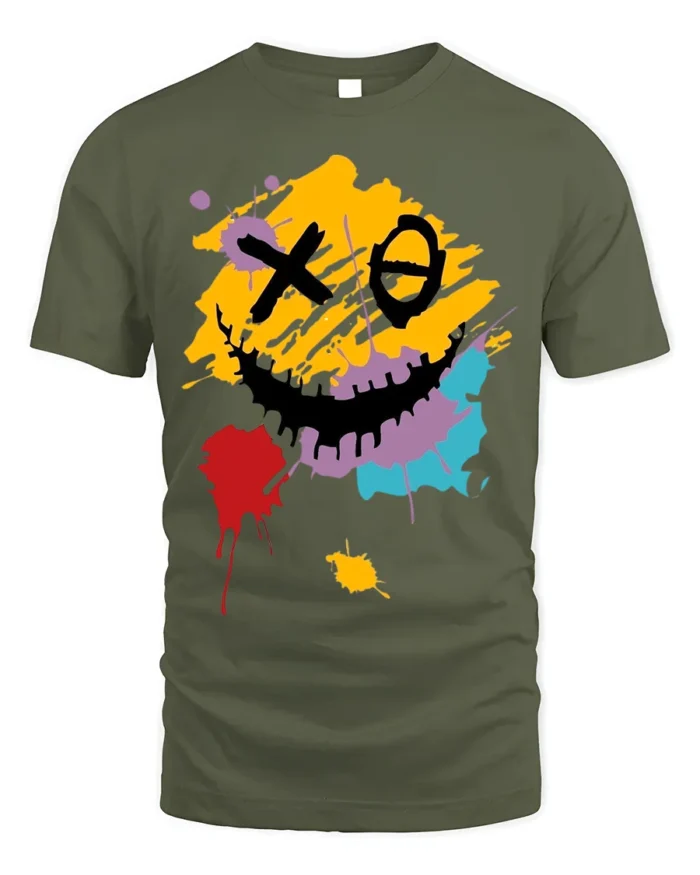 Abstract Smiley Face T-Shirt Color Splash Streetwear Tee - military green t-shirt on white background