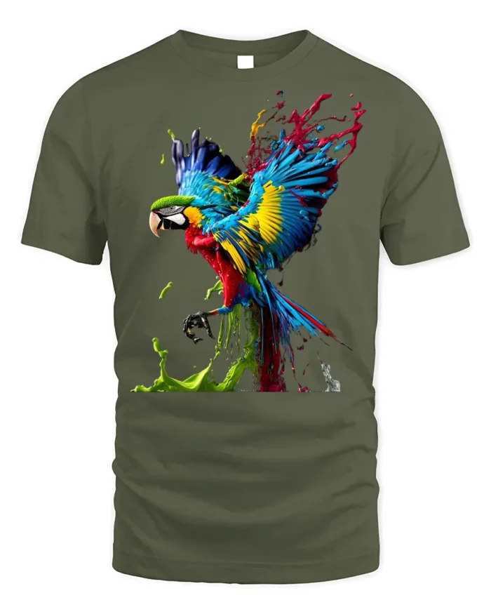 Color Splash Parrot T-Shirt Artistic Tropical Bird Tee - military green t-shirt on white background