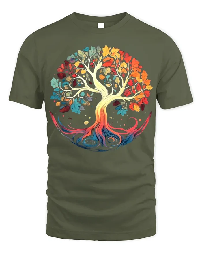 Colorful Tree of Life T-Shirt Vibrant Nature Graphic Tee - military green t-shirt on white background