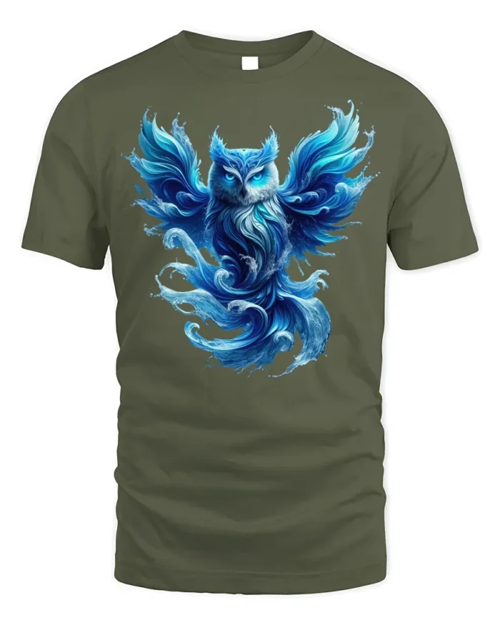 Mystical Blue Owl T-Shirt Fantasy Animal Graphic Tee - military green t-shirt on white background