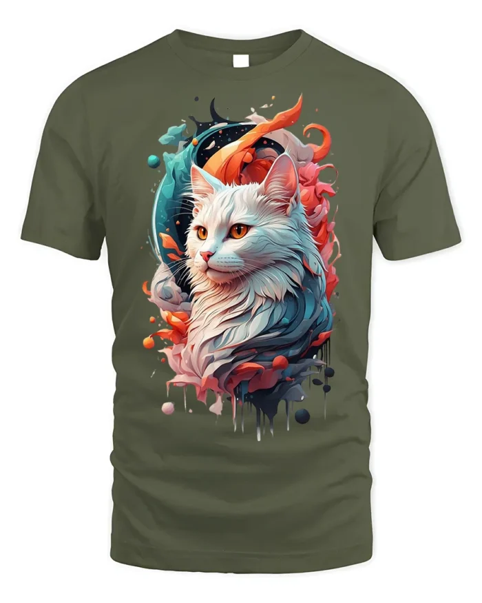 Majestic Cat T-Shirt Vibrant Artistic Pet Lover Tee - military green t-shirt on white background