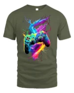Electric Gamer T-Shirt Neon Controller Power Tee - military green t-shirt on white background